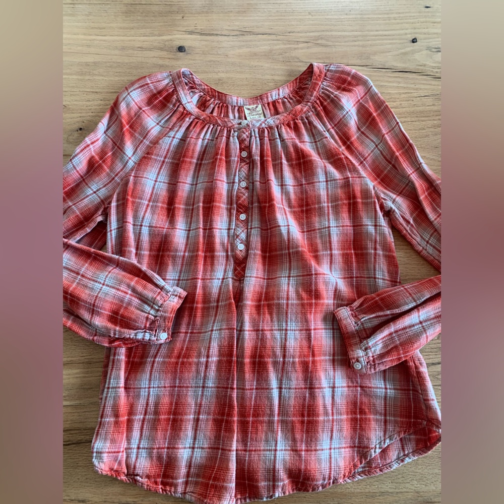 Faded Glory Plaid Orange Tunic Top 1/4 Button Round Neck Women’s‎ L Preloved